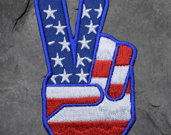 Peace Fingers Patch - USA, United States of America, Red White Blue (Iron On)