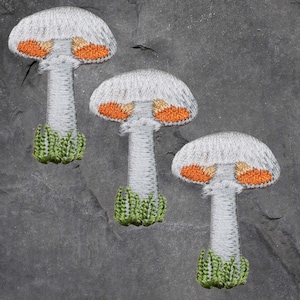May include: Three embroidered mushroom patches. Each mushroom has a white cap with orange accents, a white stem, and a green base. The patches are on a gray, textured background.