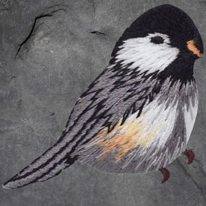 May include: A detailed illustration of a bird with a black head, white cheeks, and a gray and black patterned body. The bird has a small orange beak and is set against a gray background.