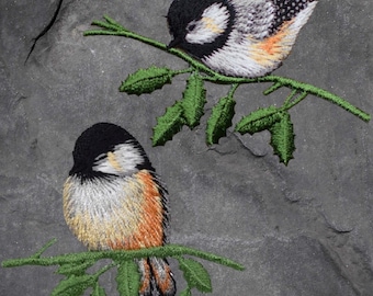 Chickadee Bird Patch Set - Branch, Leaves, Bird Badge (Iron On)