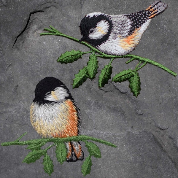 Chickadee Bird Patch Set - Branch, Leaves, Bird Badge (Iron On)