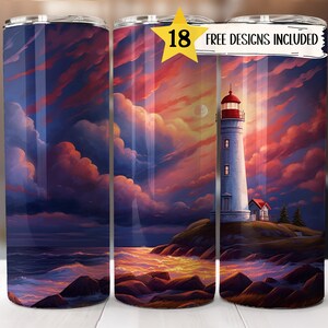 Magical Lighthouse Tumbler Wrap 20oz Skinny Bright Sunset Beacon Beach Ocean Sublimation Designs Straight PNG File Digital Download Template