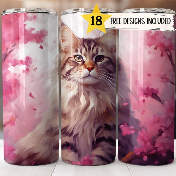 Pink Cat Tumbler Wrap 20oz Skinny Tumbler Chats mignons Floral Pastel Sublimation Designs Straight PNG File Cat Lovers Modèle de téléchargement numérique