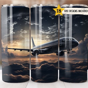 Airplane 20 oz Skinny Tumbler Wrap Aviator Tumbler Sublimation Designs Straight PNG File Digital Download Template Night Aeroplane Tumbler