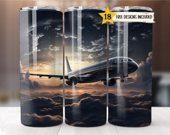 Vliegtuig 20 oz mager Tumbler Wrap Aviator Tumbler sublimatie ontwerpen rechte PNG-bestand digitale download sjabloon nacht vliegtuig Tumbler