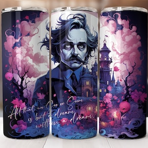 Pastel Edgar Allen Poe Tumbler Wrap 20 oz Skinny Tumbler Raven Pastelloween Sublimation Designs Straight PNG File Digital Download Template