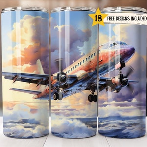 Airplane 20 oz Skinny Tumbler Wrap Aviator Tumbler Sublimation Designs Straight PNG File Digital Download Template Sunset Aeroplane Tumbler