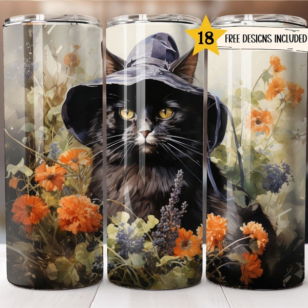 Aquarelle Halloween Cat 20 oz Skinny Tumbler Wrap Chats mignons Tumbler Sublimation Designs Floral Straight PNG File Digital Download Template