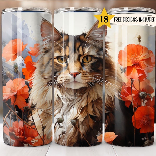 Aquarelle Maincoon Cat 20 oz Skinny Tumbler Wrap Chats mignons Tumbler Sublimation Designs Floral Straight PNG File Digital Download Template