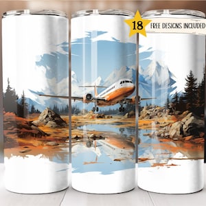 Airplane 20 oz Skinny Tumbler Wrap Aviator Tumbler Sublimation Designs Straight PNG File Digital Download Template Aeroplane Tumbler Sunset