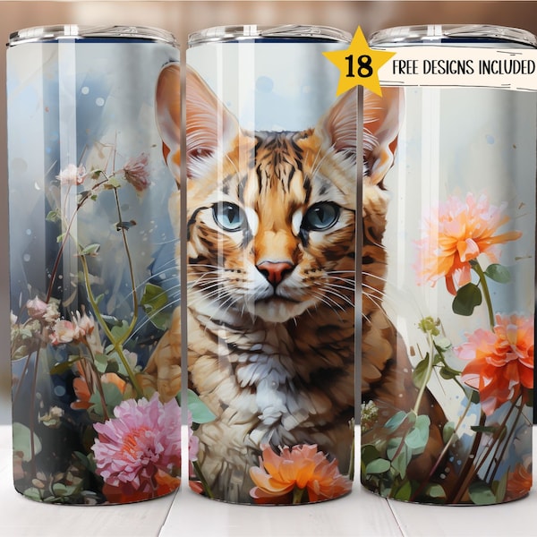 Aquarelle Bengal Cat 20 oz Skinny Tumbler Wrap Chats mignons Tumbler Sublimation Designs Floral Cat Straight PNG File Digital Download Template