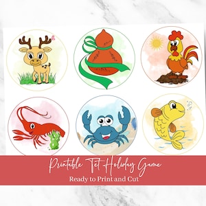 Puede incluir: Juego imprimible para la festividad del Tet con seis círculos coloridos con imágenes de un ciervo, una calabaza, un gallo, un camarón, un cangrejo y un pez. Los círculos están listos para imprimir y cortar.