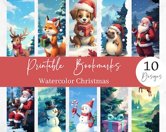 May include: A set of ten watercolor Christmas-themed printable bookmarks. The bookmarks feature festive illustrations of a reindeer, fox, puppy, hedgehog, Santa Claus, snowman, and wrapped gifts. Text on the image reads "Printable Bookmarks" and "Watercolor Christmas".