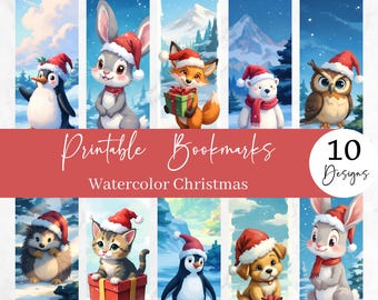 Peut inclure: Ensemble de dix marque-pages imprimables sur le thème de Noël. Chaque marque-page présente un animal différent portant un bonnet de Père Noël, comme un pingouin, un renard et un hibou, sur un paysage hivernal enneigé. Le texte "Printable Bookmarks" est affiché.
