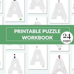 May include: A printable workbook with 24 pages of mazes for kids. Each page features a different character and a maze shaped like the letter A. The workbook cover features a green background with the text "Printable Puzzle Workbook" and "24 pages" in white.