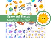 Space Seamless Patterns: Planets, Stars, Rockets (Digital Paper - 5 PNG)