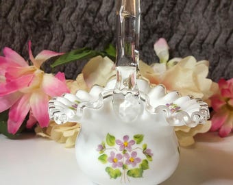 Fenton "Violets In The Snow" Milk Glass Basket: Hand Painted Ruffled Edge