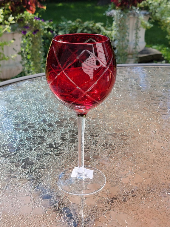 Ruby Red Cut to Clear Crystal Wine Glass, Pier 1 Diamond Etched, 16 Oz -  Etsy