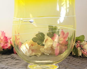 Hand Blown Art Glass Vase: Neon Yellow Swirl, Pedestal Base