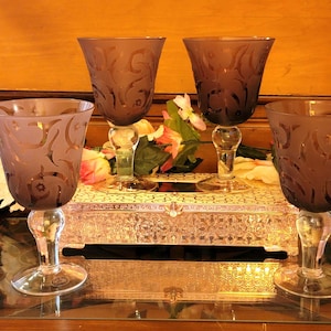 Vintage Purple Etched Floral Goblets - Set of 4 Elegant Stemmed Glasses
