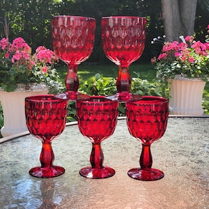 Fenton Ruby Red Thumbprint Goblets - Mid-Century Glassware Set of 5