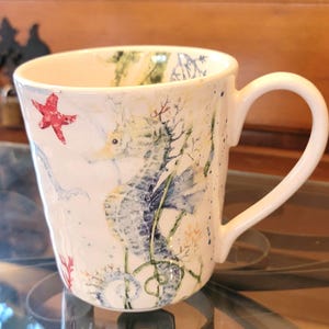 Pier 1 "Sea Life" Ironstone Drinking Mug - Ocean Themed With Seahorse And Starfish Design- Nautical Marine Gift Ideas