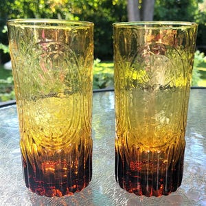 Anthropologie Amber Glass Tumblers: Fleur de Lis Design, Set of 2 image 1