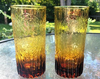 Anthropologie Amber Glass Tumblers: Fleur de Lis Design, Set of 2
