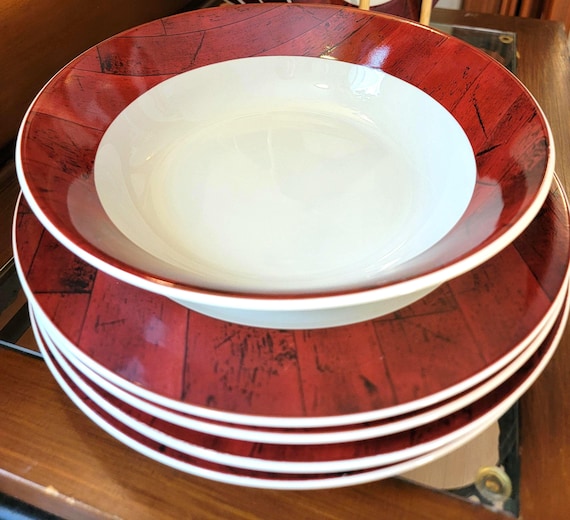 Sakura Barns Dinner Plate: Modern White China With Red Woodgrain