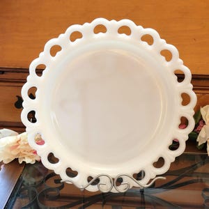 Vintage Milk Glass Torte Plate: Anchor Hocking Open Lace Edge, 13&quot;