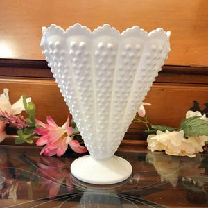 Fenton Fan Vase Vintage Hobnail Milk Glass 8&quot;- Vintage 1970&#39;s Fenton Milk Glass - Collectible Glass - Home Office Glass Art Deco - Gift Idea
