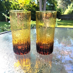 Drinking Glasses Anthropologie Glass &quot;Fleur de Lis&quot; Amber Hombre 20 Ounce Tumblers Set Of 2 Crafted In Portugal - Amber Glass Giftware