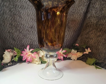 Tortoise Shell Extra Tall Footed Art Glass Vase - Elegant Designer Home Decor - Collectible Glass