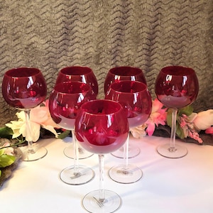 Ruby Red Balloon Wine Glasses Set of 7, Vintage Red Stemware, Cranberry Glass Goblets, Holiday Entertaining Glassware, Christmas Barware Set