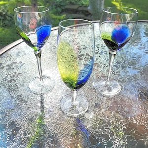 Vintage Hand Blown Crystal Goblet Set: Blue & Green Swirl Glass Art