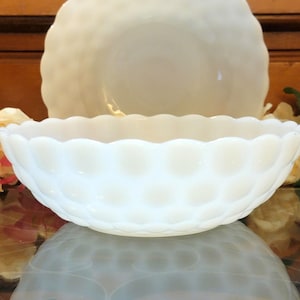 Bubble Milk Glass Serving Bowls By Anchor Hocking 8&quot; Round Serving Bowls Set Of 2 - Vintage Depression Glass - Weddings, Showers, Gifts