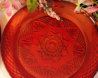 Ruby Red Pressed Glass Dinner Plates By Cristal D'Arques Durand – Vintage Starburst Pattern Set