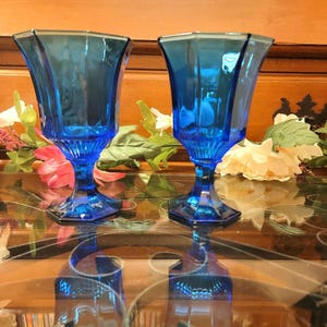 Cobalt Blue Vintage Glass Water/Wine Goblets By Independence &quot;Octagonal Blue&quot; 8 Ounce Vintage Footed Water Goblets Set Of 2