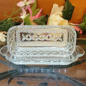 Vintage Clear Pressed Glass Butter Dish: Diamond Cut Rectangular Covered Dish
