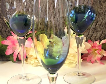 Colorful Goblets Set Of 3 Blue & Green Swirl - Hand Blown Crystal Glass Art