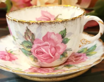 Taza y platillo de porcelana fina Royal Stafford vintage: ribete en oro rosa