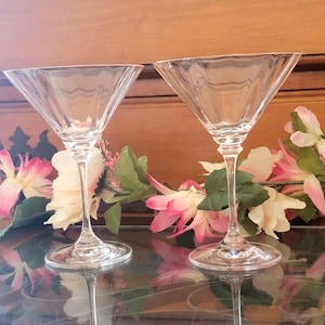 Mikasa &quot;Stephanie&quot; Hand Blown Vintage Crystal Martini Glasses With Optic Bowls Set Of 2 - Formal Crystal Stemware - Crystal Martini Glasses