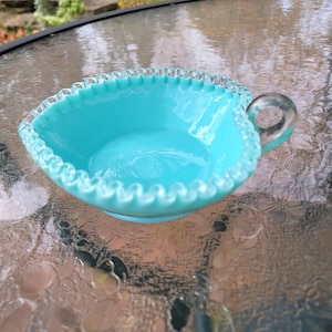Fenton &quot;Silver Turquoise&quot; Vintage 1950&#39;s Rare Turquoise Milk Glass Heart Shaped Handled Dish - Fenton Collectible Glass Art - Gift Ideas