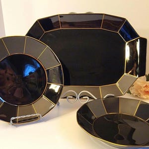 Tigelas e travessa Mikasa &quot;Ouro Meia-Noite&quot; pretas com detalhes dourados, estilo Art Déco vintage - Jantar formal elegante - Decoração Hollywood Regency