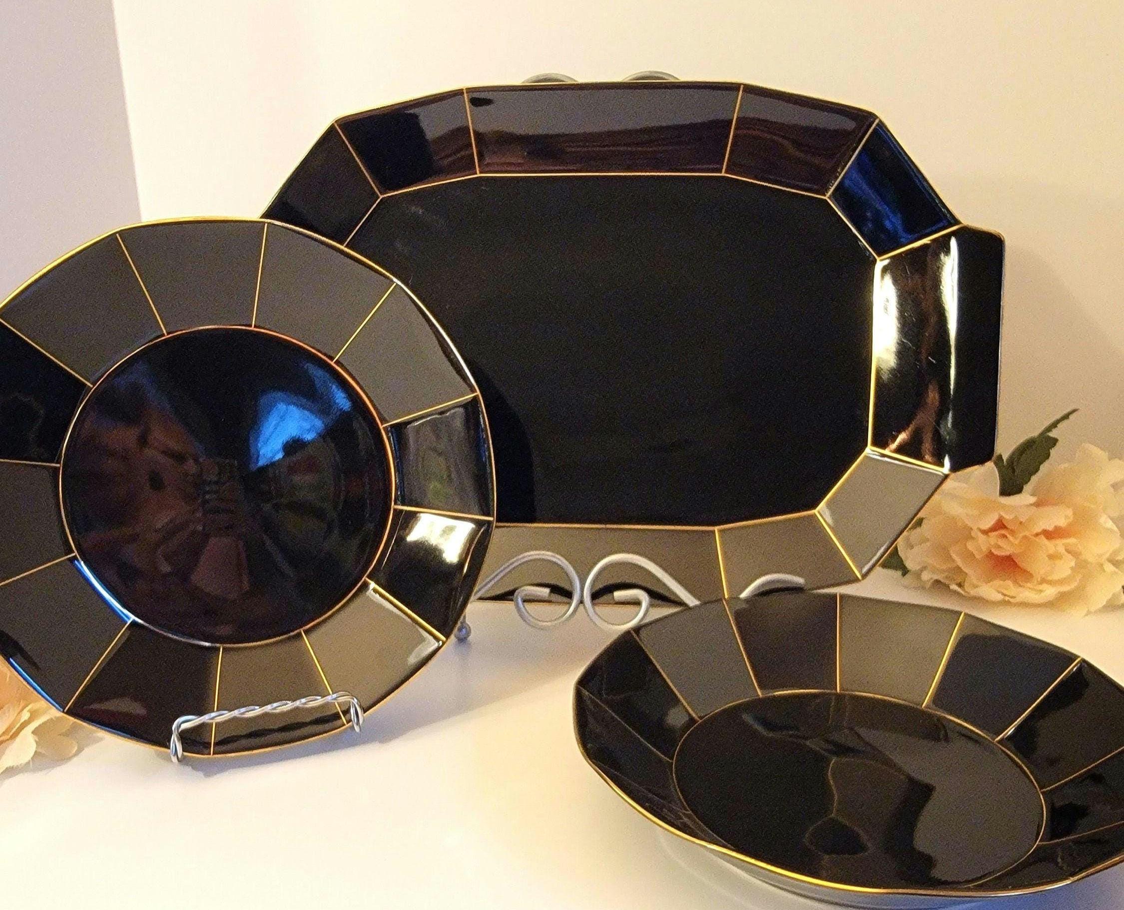 Mikasa Midnight Gold Bowls & Platter: Art Deco Hollywood Regency