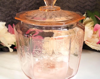 Tarro para galletas de cristal de la época de la Gran Depresión de Princess Pink Anchor Hocking con tapa