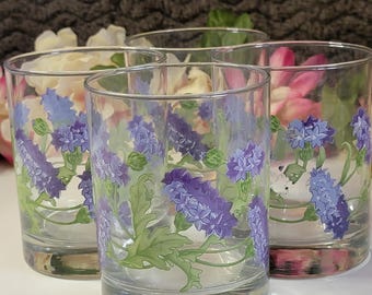 Purple Floral Lowball Glasses - Mid-Century Wildflower Barware - Set of 4