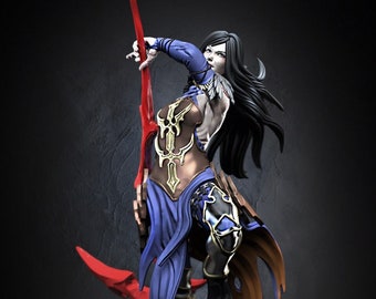 May include: A dark-haired female figure in a blue and gold costume holds a red weapon with a curved blade. She stands on a base with a sculpted skull with horns.
