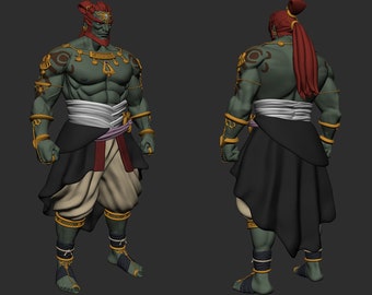 May include: A green-skinned figure with red hair and a gold headdress wears a black and white robe with gold accents. The figure has a muscular build and is depicted in a 3D model.