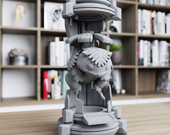 May include: A gray 3D printed figurine of a creature with a leafy head and a round body, standing on a gray platform with a circular base.